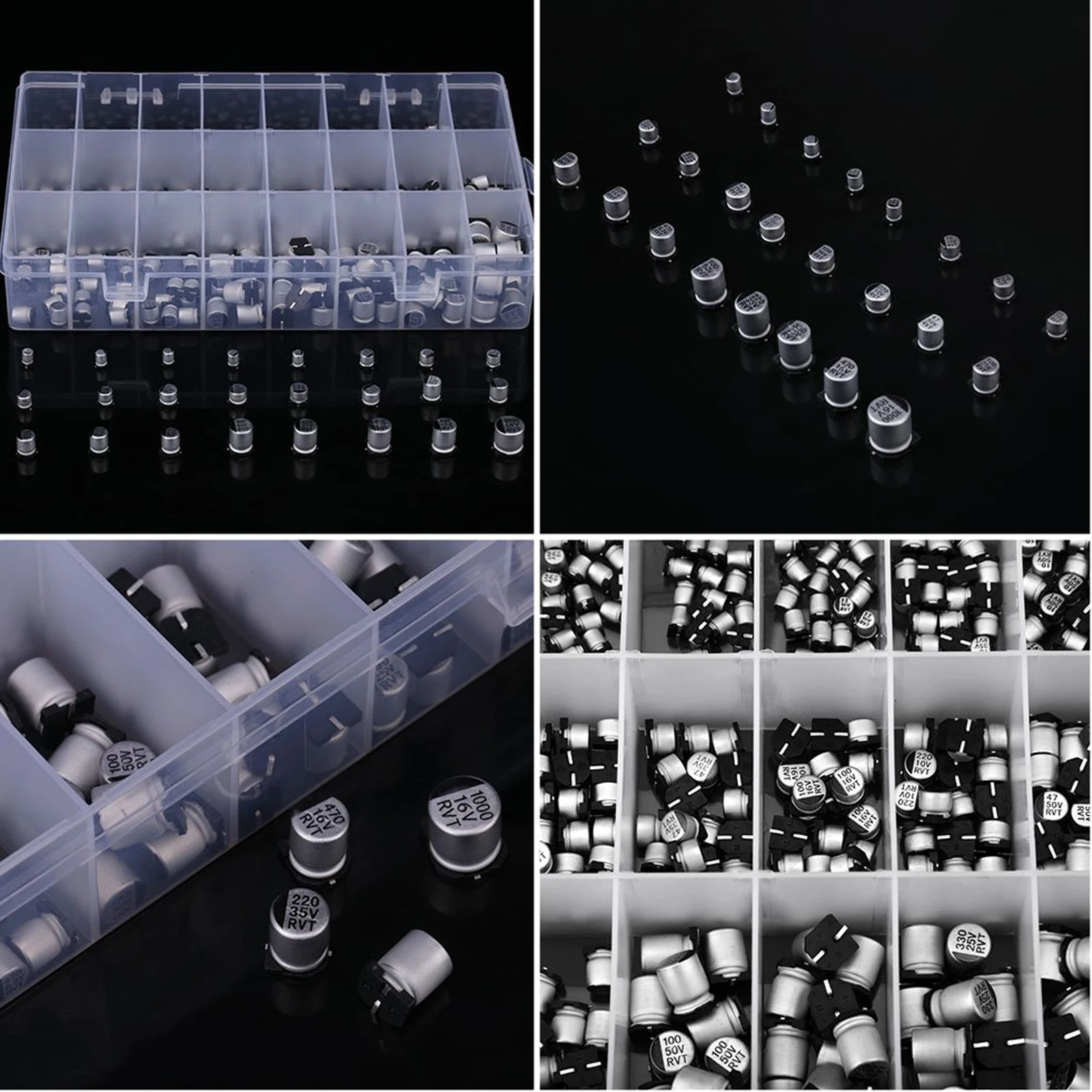 مجموعة متنوعة من المكثفات الإلكتروليتية 24 قيمة SMD تجاوز ألومنيوم منخفض التردد مع صندوق تخزين 1 فائق التوهج - 1000 فائق التوهج