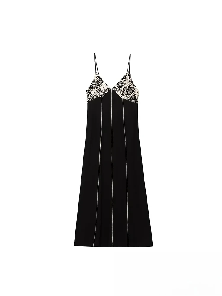 เดรสสายเดี่ยวผู้หญิง KONDALA สไตล์เซ็กซี่ลำลองเก๋ไก๋ แต่งลูกไม้ปักลาย คอวี แขนยาว แฟชั่นใหม่ ฤดูร้อน 2025 เหมาะสำหรับใส่ไปเที่ยวทะเล