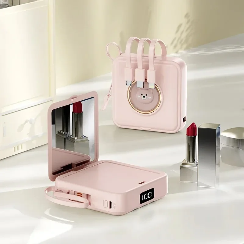 

3C Certification Beauty Mirror Cartoon with Cable Mini Portable Power Bank 10000mAh for IPhone for Xiaomi for Samsung