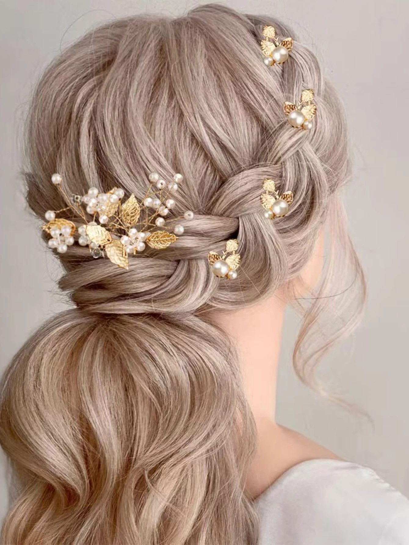 European and American Style Pearl Gold Leaf Hairpin, Elegant Forest-Style Daily Hairpin, Simple Wedding Hairpin Set image 6