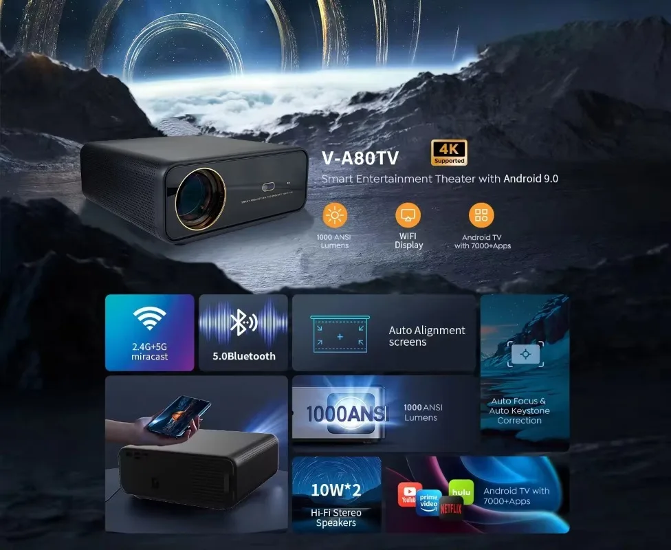 2025 New Product A80 4k Video Android Smart Wifi Best Cinema Mini Projector Portable 1920x1080P 1000ANSI  Home Theater