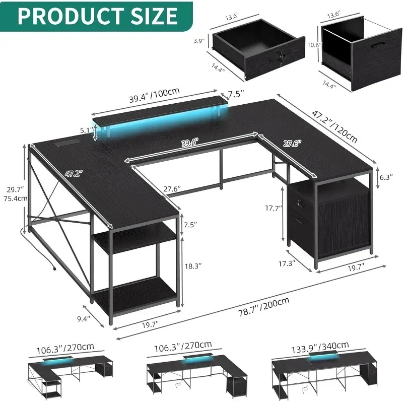 Mesa flip com tomada de energia e luz LED com gaveta, mesa de canto para computador com suporte para monitor e prateleira de armazenamento