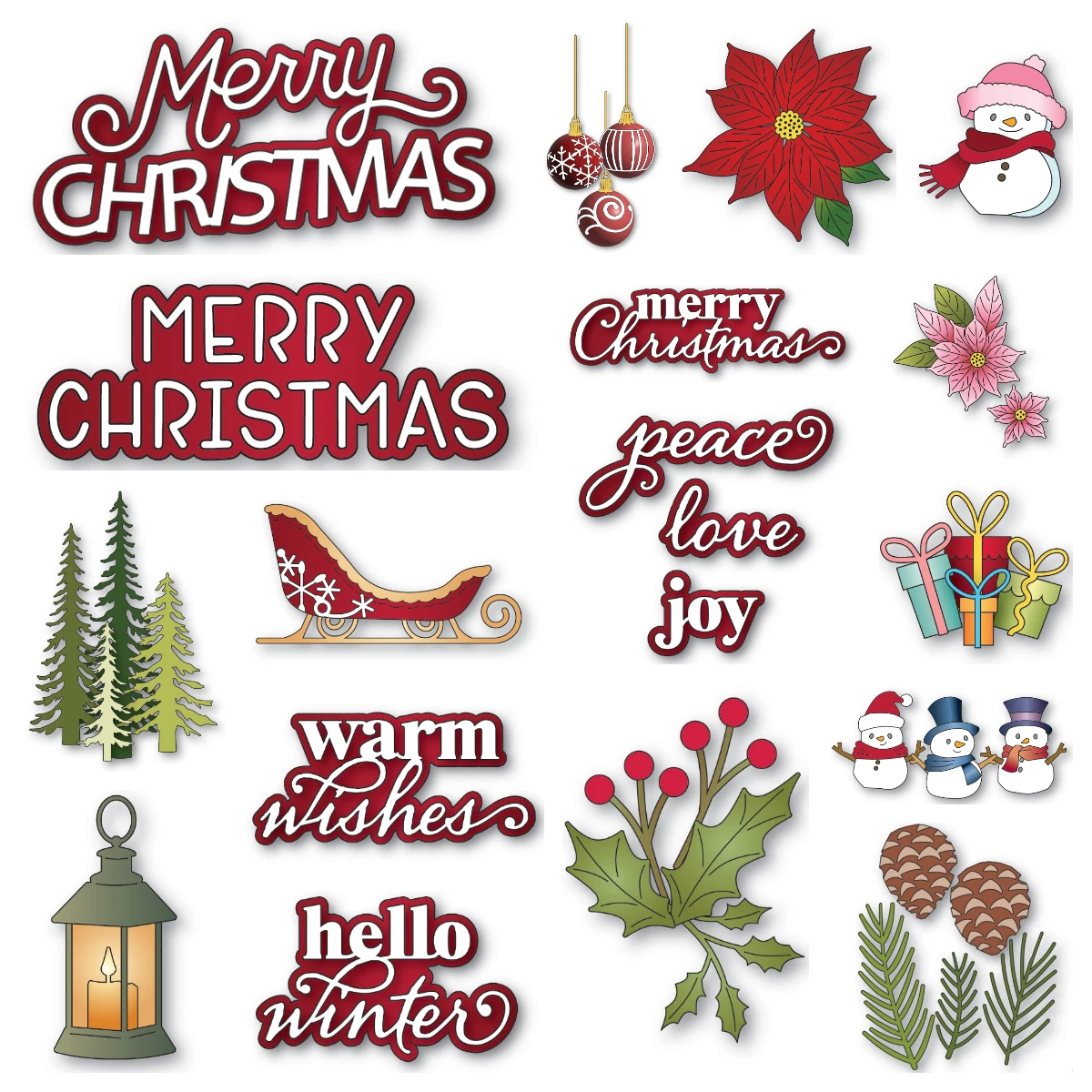 

Winter Merry Christmas Holly Snowman Poinsettia Peace Love Joy Stylish Script Dies DIY Scrapbooking Holiday Cards Craft New Dies