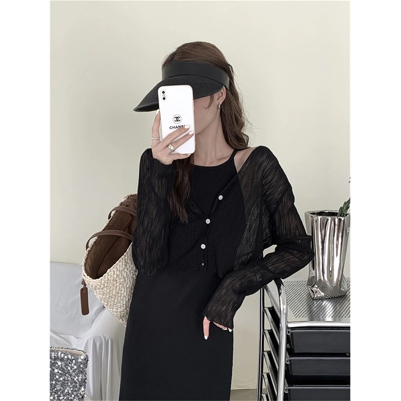 MEXZT Women Cropped Sun Proof Shirts White V Neck Long Sleeve Blouses Summer Korean Fashion Black Sun Protection Cardigan Tops