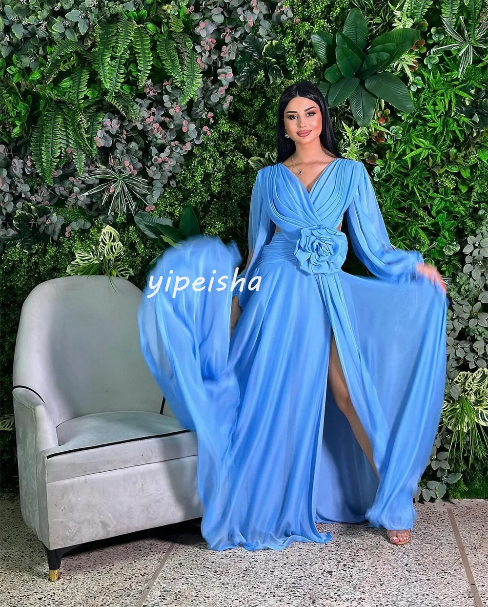 Customized Exquisite Elegant Chiffon Pleat Draped Handmade Flower A-line V-neck Long Dresses Prom Dresses Sizes Available Fashio