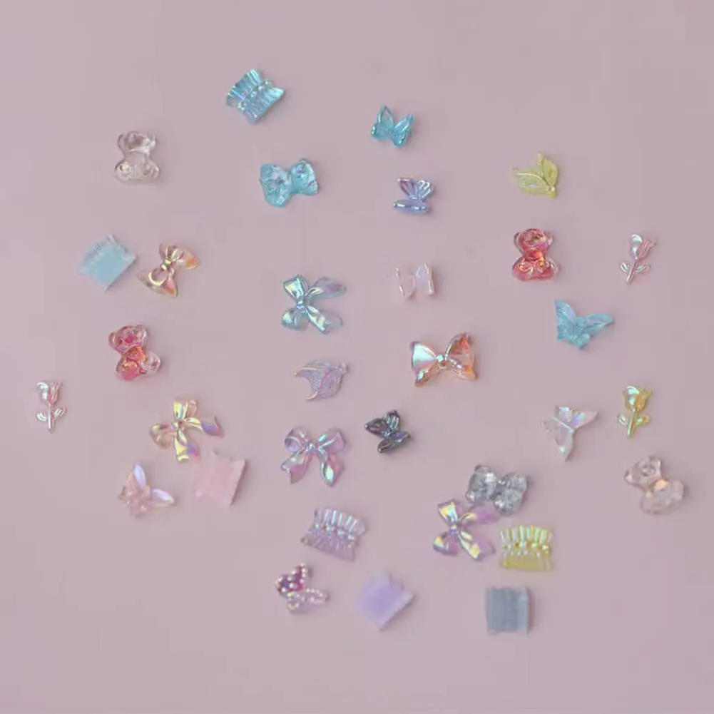 100 Pcs 3D Mix Styles Nail Art Decorations Kawaii Aurora Bow Nail Charms Jewelry Luxury Glitter Nail Supplies for Professionals