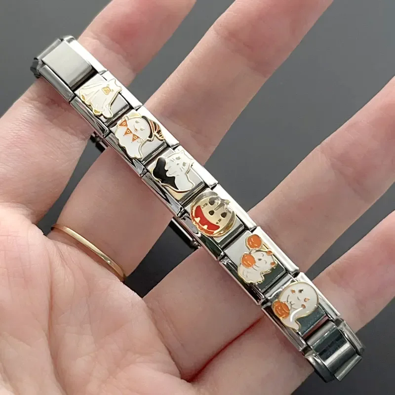 

Italian Charm Stainless Steel Bracelet DIY Splicing Module 9mm Halloween Series Personalized Assembly Elastic Cute Ghost