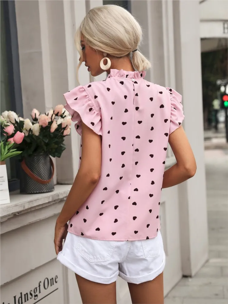 Camicetta a pois con scollo a O a maniche corte arruffata alla moda per le donne 2024 camicia con stampa Casual estiva camicette dolci e Top