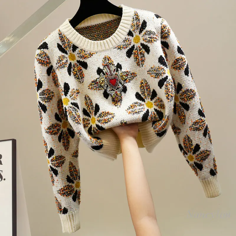 Manual Beaded Diamond Color Jacquard Pullover Short Sweater for Women Long-Sleeved Sweaters Temperament High Waist Knitwear 2023