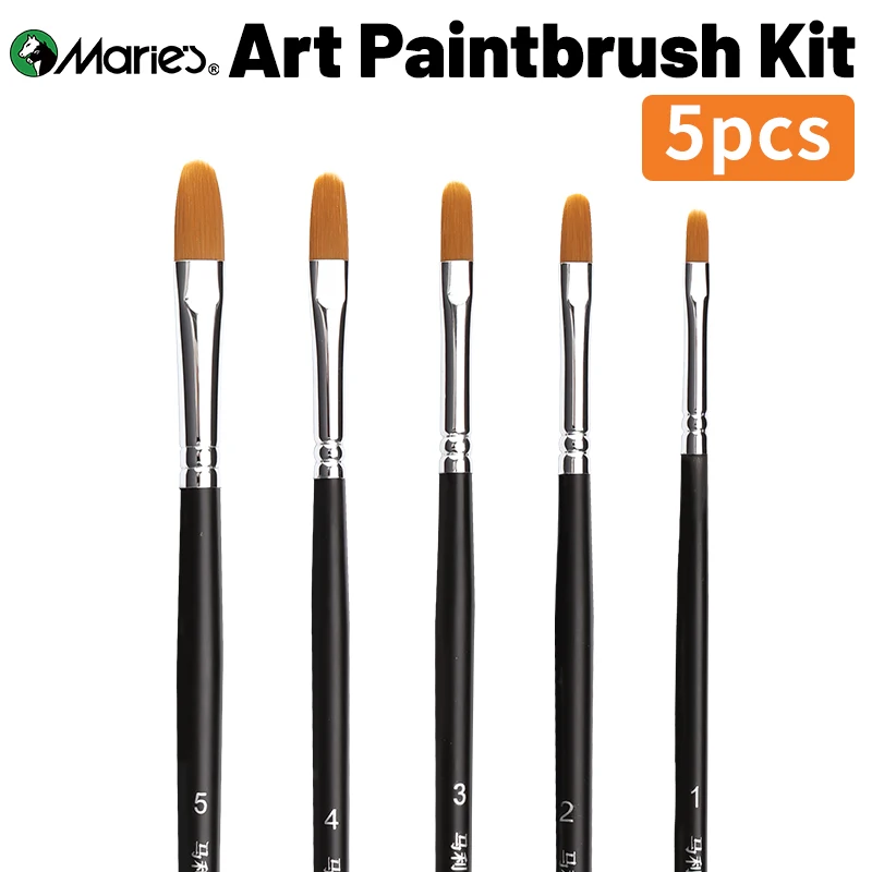 Marie's 5pcs Nylon Hair Filbert Paintbrushes Set for Oil, Acrylic,Gouache,Rocks,Watercolor,Crafts,Models,Canvas for Artists