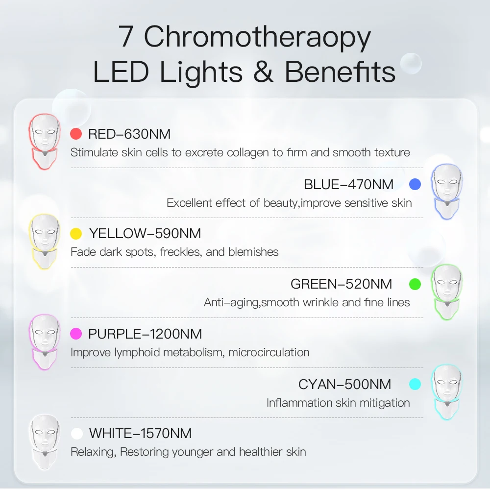 قناع علاج بالضوء الأحمر LED للوجه ، 7 ألوان ، يقلل من تجاعيد الوجه ، حب الشباب ، البقعة ، محمول ، الطيف ، أداة تجميل ، عائلية