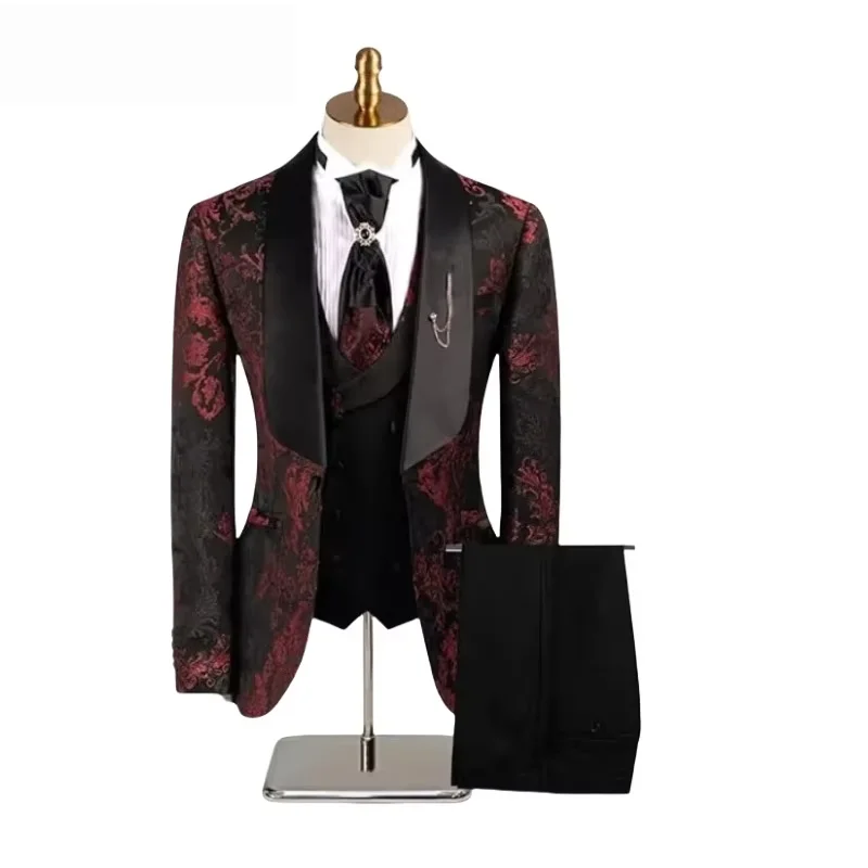 

Men's 3-Piece Jacquard Wedding Suit | Stand Collar Double Breasted Tuxedo Set (Jacket+Vest+Pants) | Groom, Red Carpet, Prom, Gal