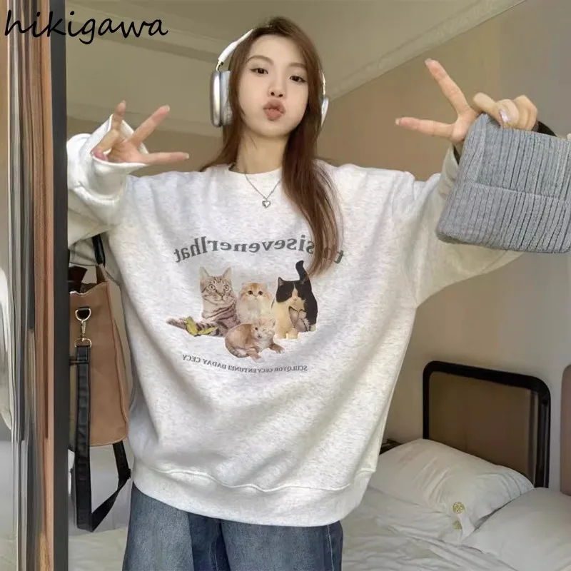 Streetwear Women Hoodie Vintage Cat Print Long Sleeve O-neck Sweatshirt Casual Fashion Korean Hoodies Y2k Tops 2024 Ropa Mujer