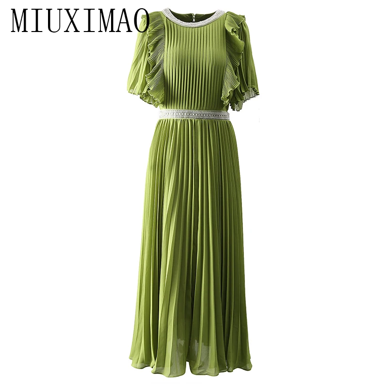 

MIUXIMAO 2024 Summer Elegant Pretty Dress Women's O-Neck Diamonds Short sleeve Ruffles Slim Solid Green Long Dress Vestides