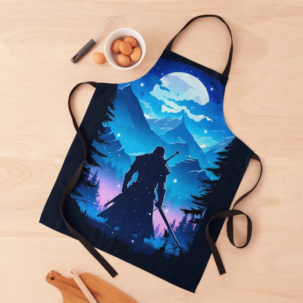 Lone Warrior on a Mystical Night - Witcher Apron Things For Home And Kitchen Kitchen Items Apron