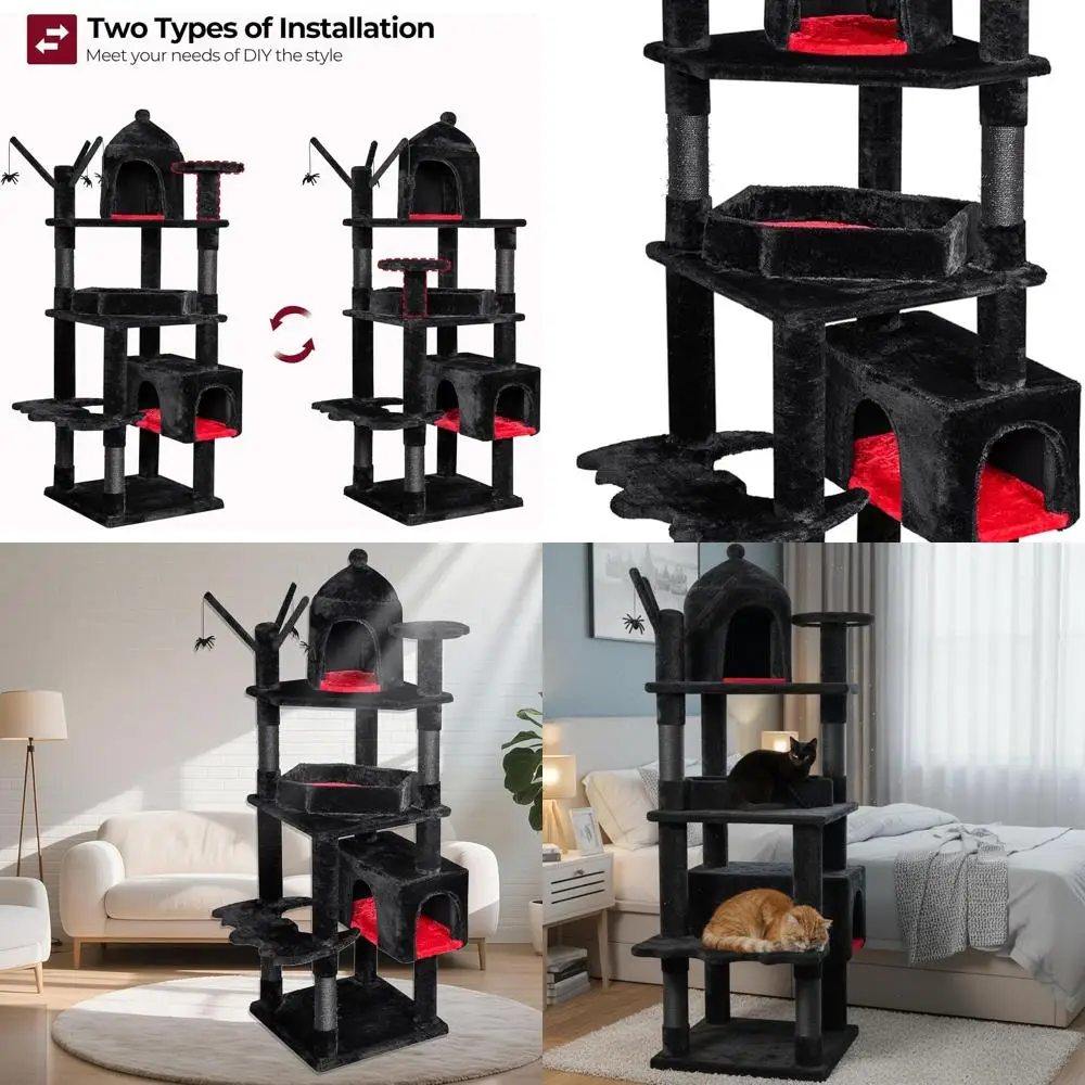 

Прочная кошачья башня в готическом стиле для больших кошек, высота 63, с кроватью для гроба, когтеточками и красным и черным дизайном