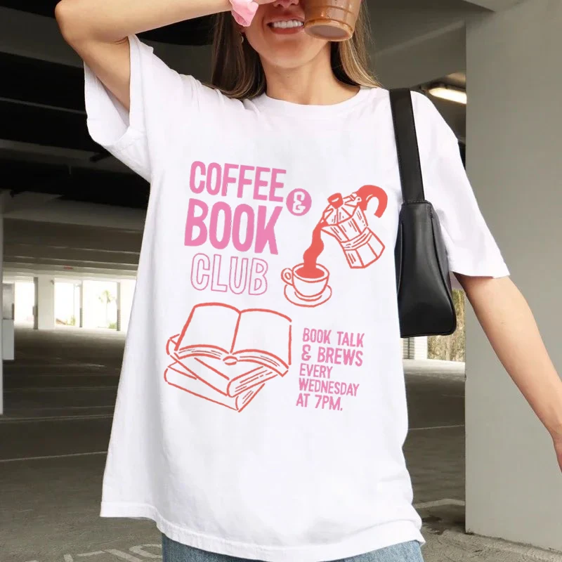 

Sweet Style Trendy Coffee Book Club Pattern T-Shirt Clothing Printed Short Sleeve Women's Fashion O-Neck Casual White T-Shirt