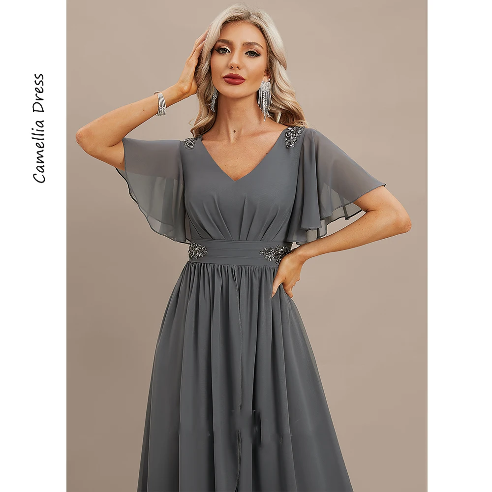 New A-line Evening Dresses V-Neck Party Dresses Chiffon Formal Dresses With Beading Pleated Vestidos De Fiesta فساتين السهرة