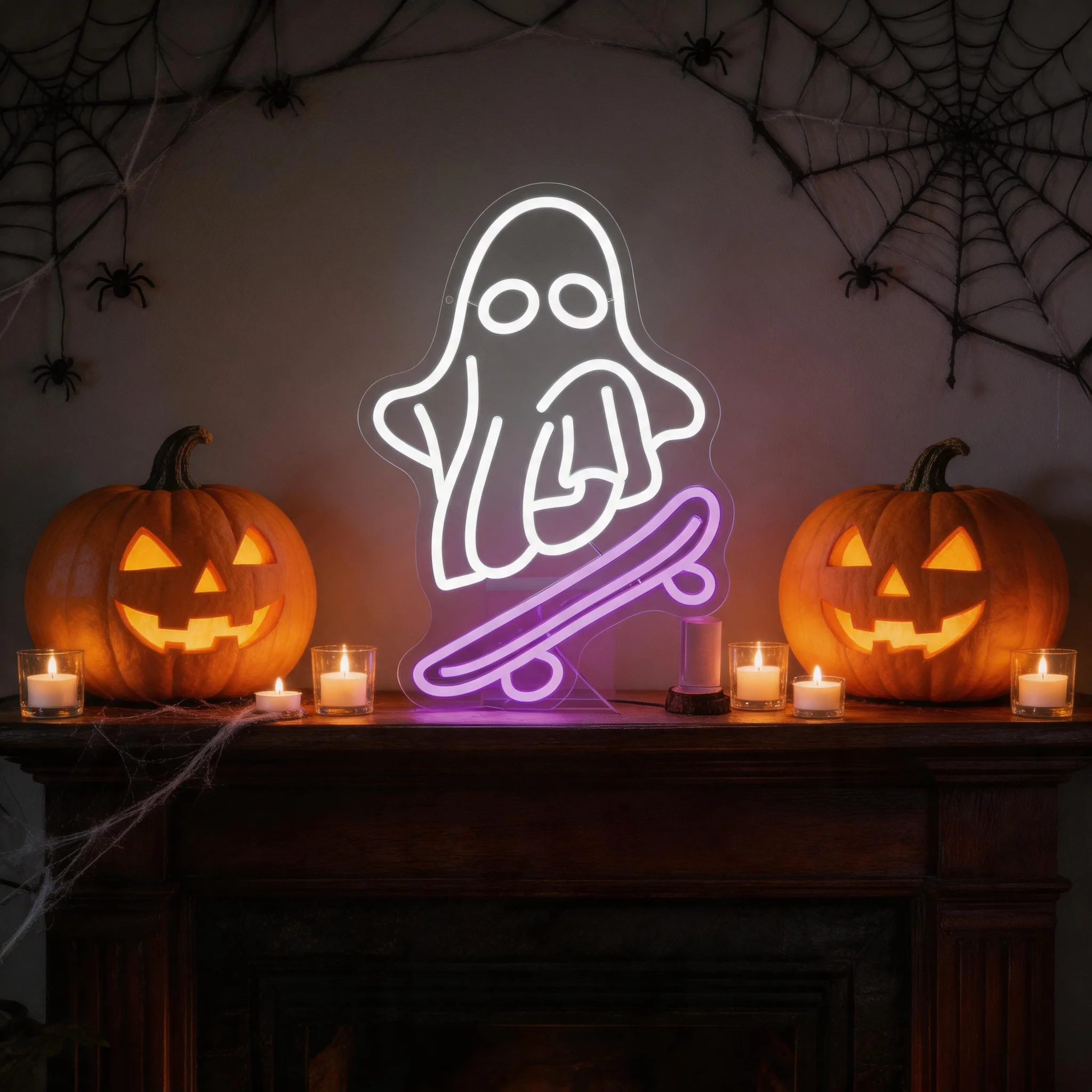 Spooky Ghost Skateboard Neon LED Sign, USB Powered Wall Mounted Halloween Decoration, Horror Theme Light for Bedroom Shop Party