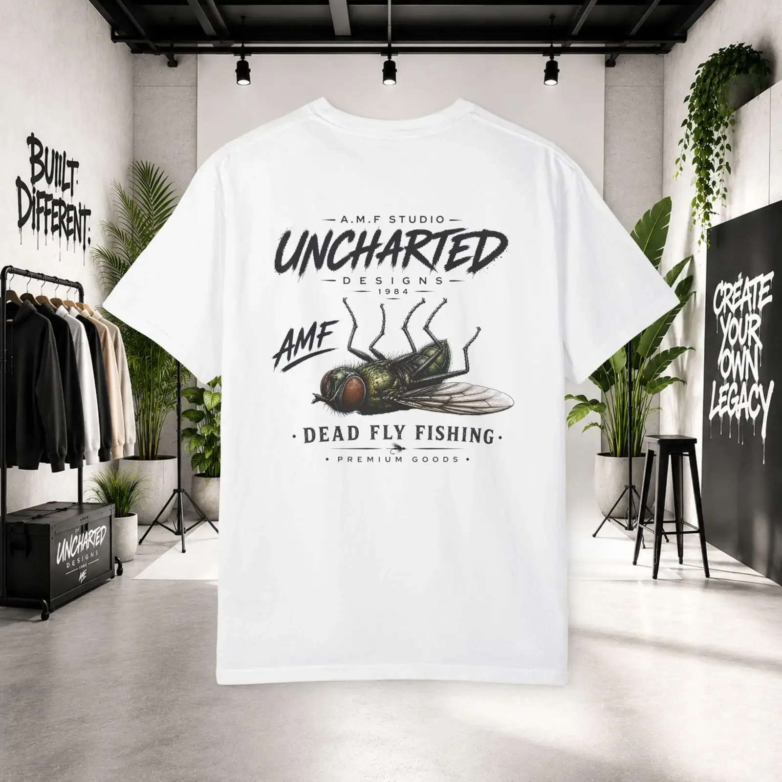 Uncharted Designs Dead Fly Fishing T Shirt AMF Studio Retro Angler Trout Casual Fisherman Top vintage Washed Stylish homme