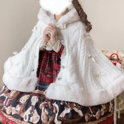 Japanese Kawaii Lolita Style Plush Hooded Poncho Coat Women Sweet Warm Knitted Bow Short Jackets Vintage Elegant Cloak Outerwear