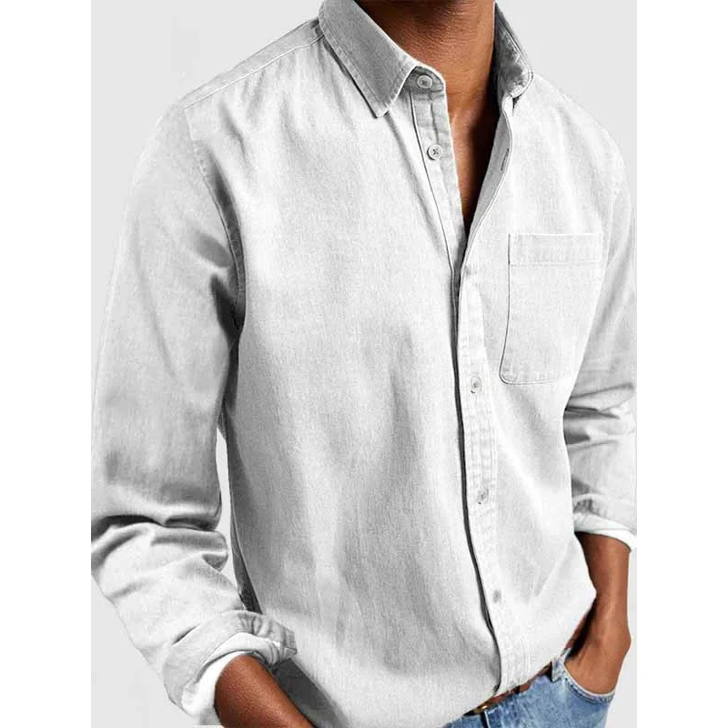 Camicia a maniche lunghe da uomo con bottoni in cotone lavato casual con tasca europea e americana del nuovo