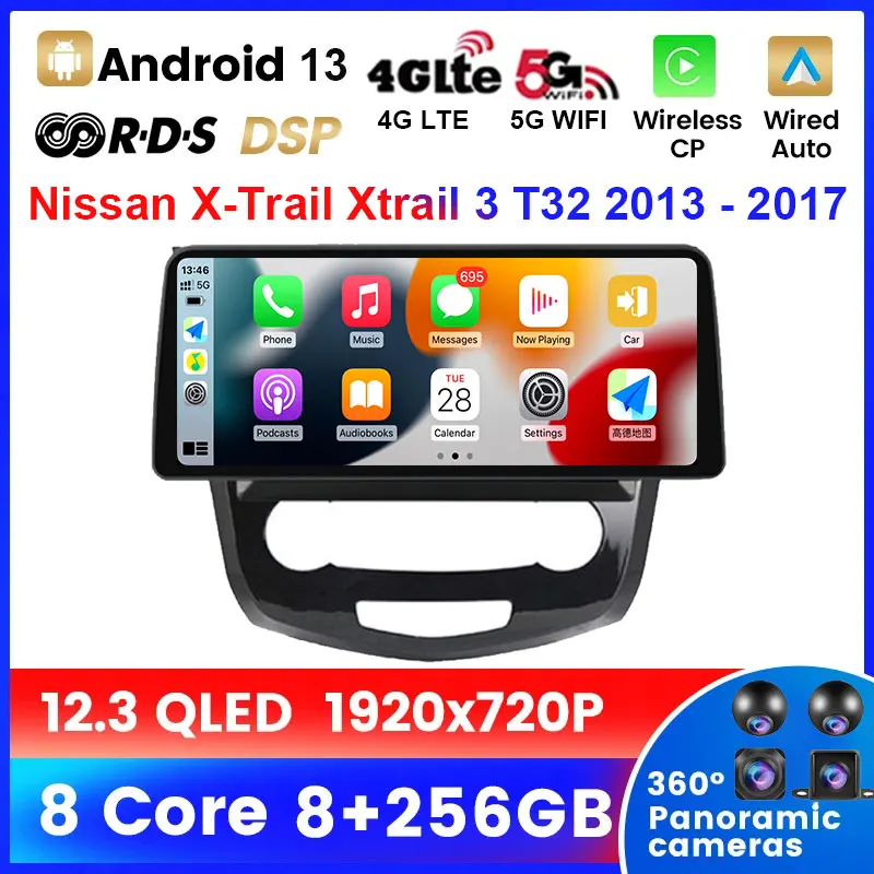 

Автомобильный стереопроигрыватель QLED для Nissan X-Trail Xtrail 3 T32 12,3-2013 Android 13, мультимедийный видеоплеер SWC, головное устройство Carplay, 2017 дюйма