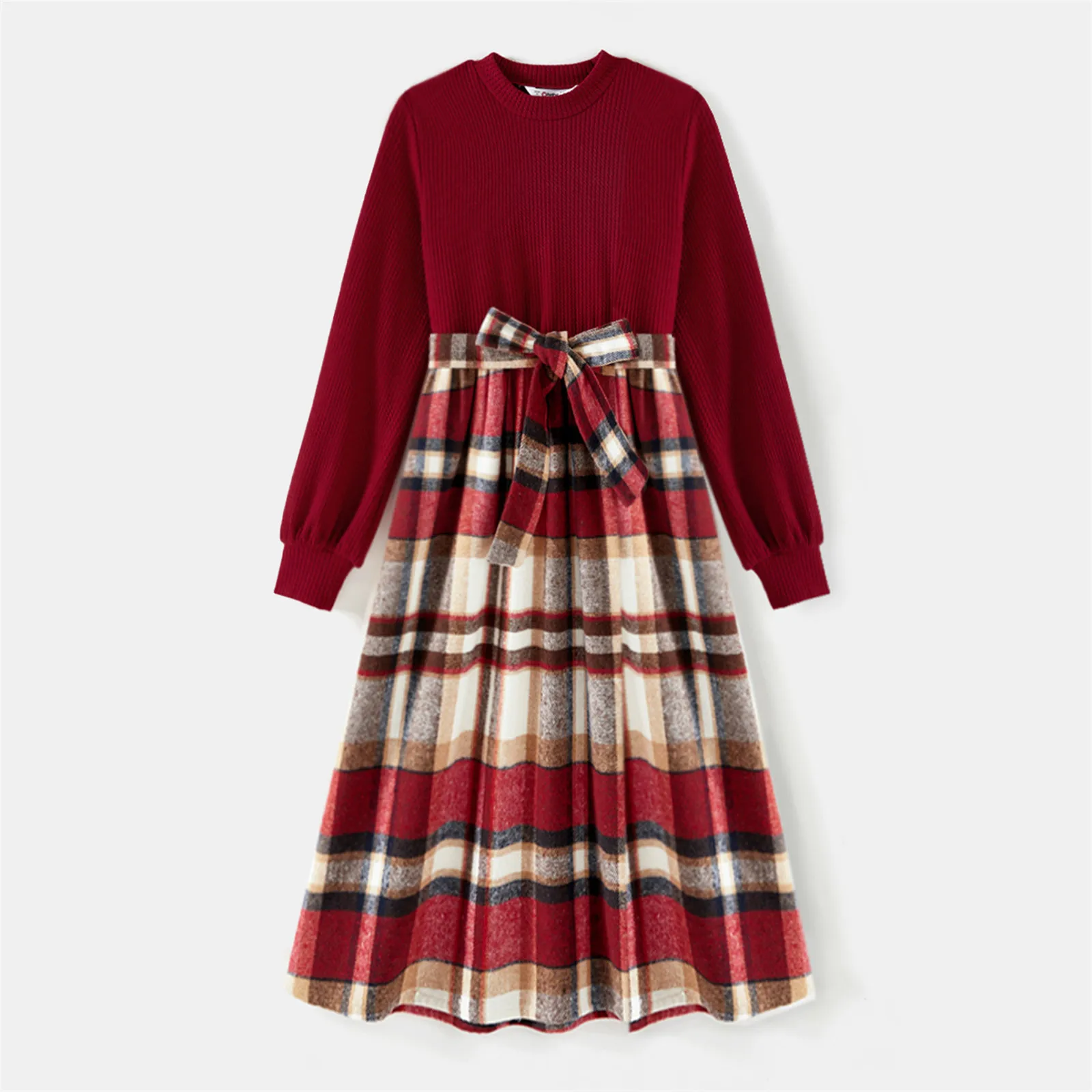 PatPat Valentine's Days Family Matching Outfits Solid Ribbed Spliced Plaid Belted Dresses and Long-sleeve Button Up Shirts Sets