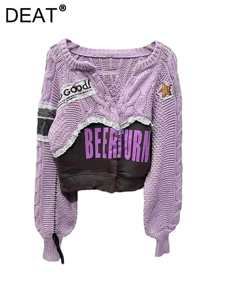 DEAT Women\'s Cardigan Patchwork Design Purple Drawstring Sleeves Printed Letters Sweater Coat 2024 Autumn New Fashion 29L8251