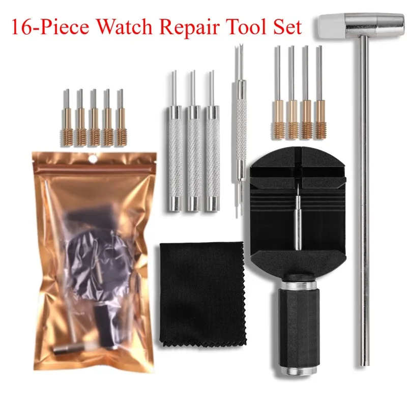 أدوات إصلاح الساعة، قم بإزالة براغي غطاء الساعة، وإزالة براغي الحزام، واستبدال قضيب توصيل الحزام، ومجموعة أدوات مكونة من 16 قطعة