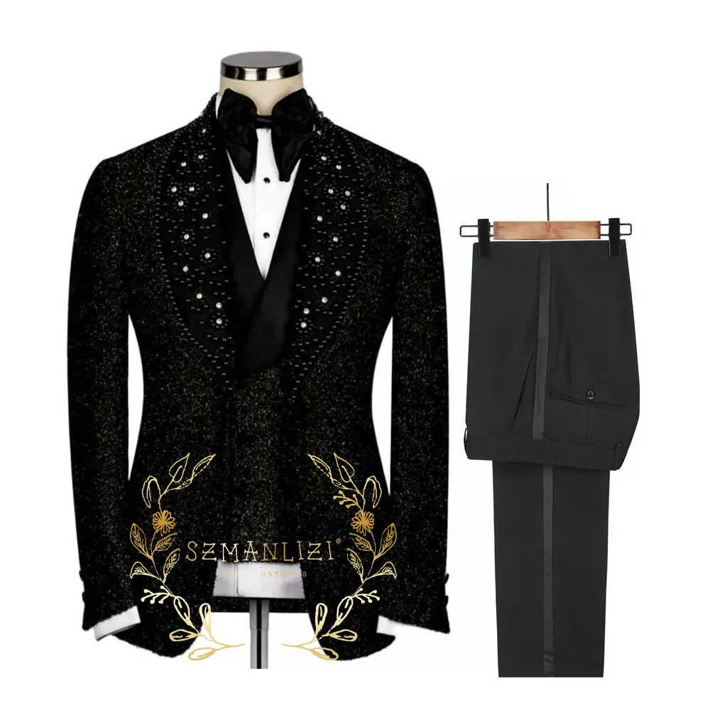 

Мужские костюмы с кристаллами и бисером, блестящая черная куртка, жилет, брюки, комплект из трех предметов, свадебные смокинги для жениха, индивидуальные пиджаки для выпускного вечера Terno Masculino
