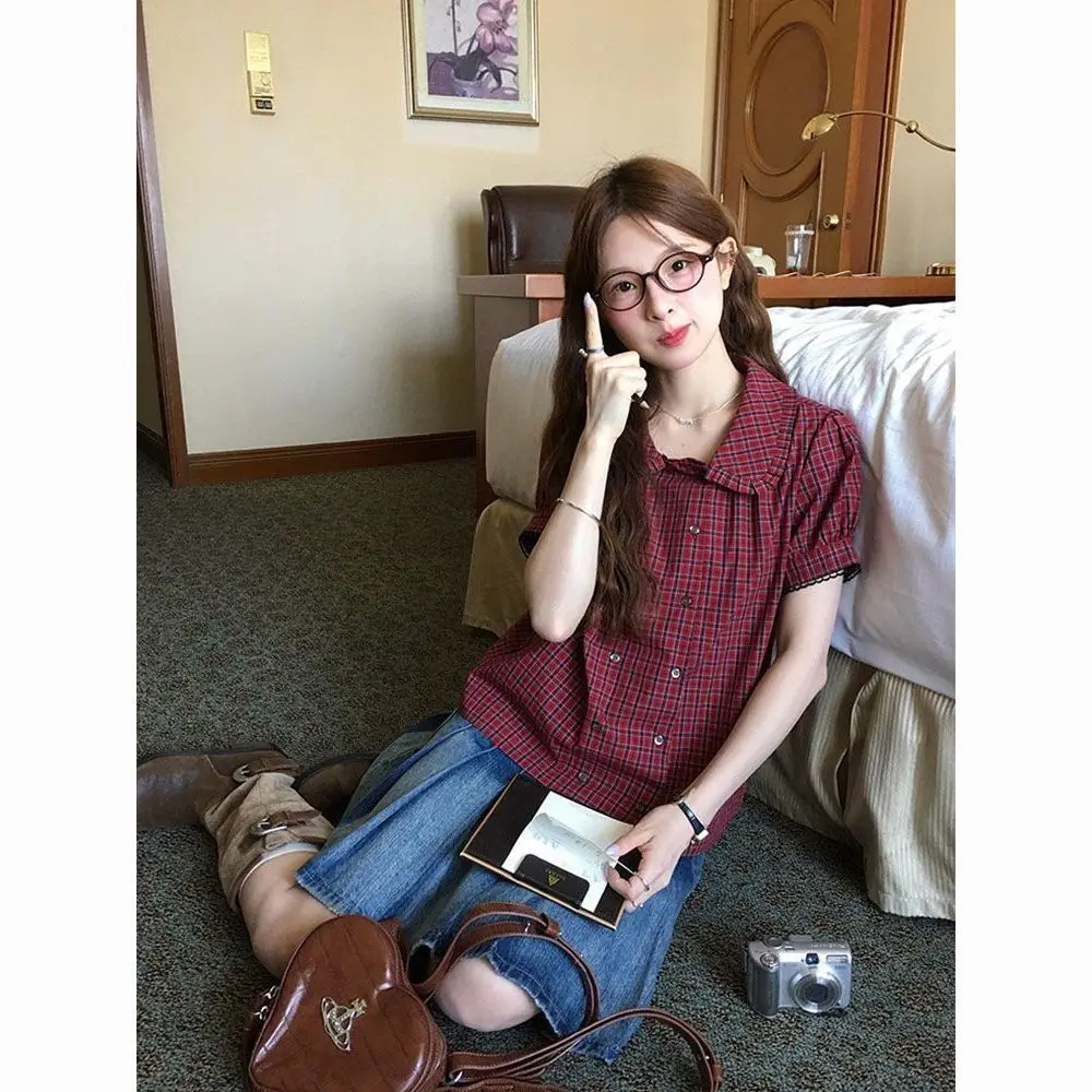 Kimotimo Korean Vintage Double Breasted Peter Pan Collar Plaid Puff Sleeve Short Shirt Women Regular Shoulder Sweet Hot Girl New