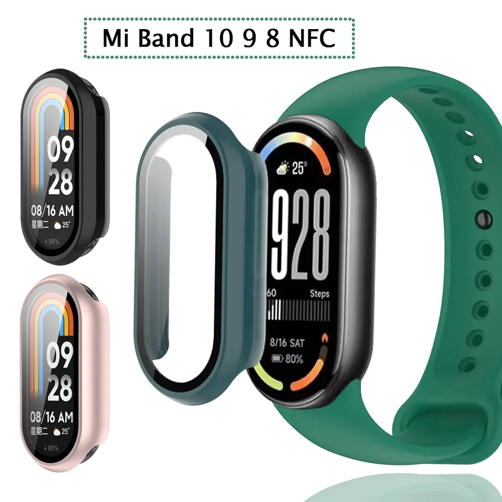 HD Tempered Glass+PC Case For Xiaomi Band 10 9 8 NFC Upgraded Bumper Cover All-around Screen Protective Shell For Mi Band 9 10 8