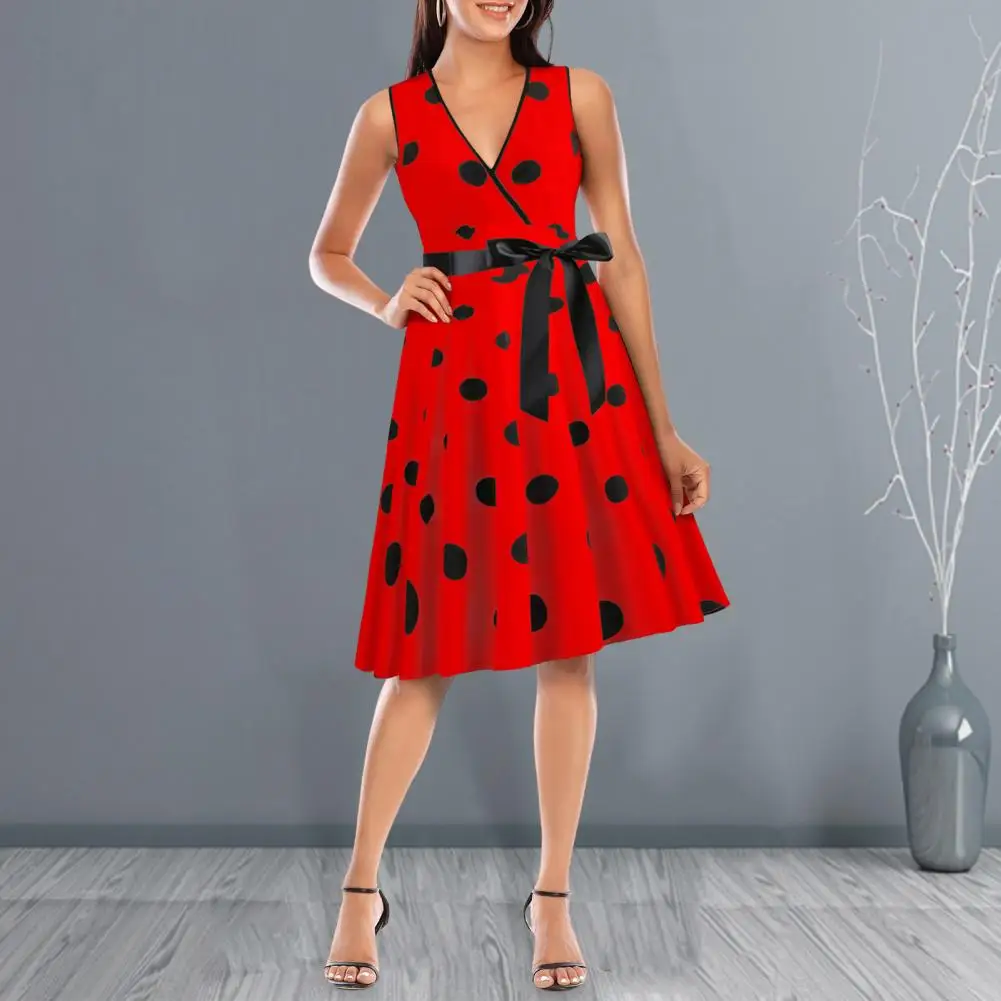 Lady Evening Dress Elegant Vintage Princess Style Evening Dress with Contrast Color Dot Print Bow Waist Detail A-line for Women