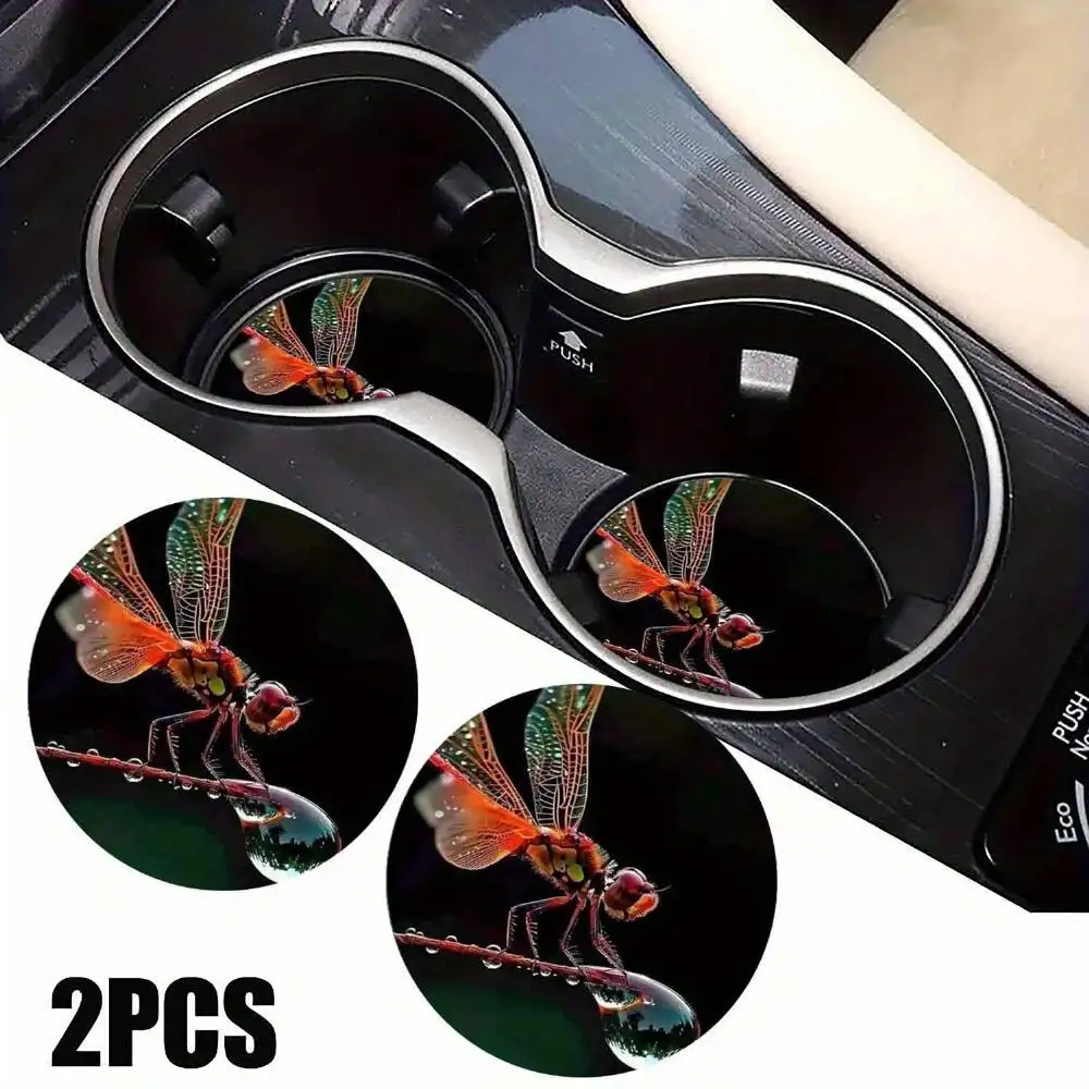 Dewy Dragonfly EVA Car Coasters 2pcs. Lovely Women Car Interior Decor Also For Home Tables Christmas & Holiday Gifts.