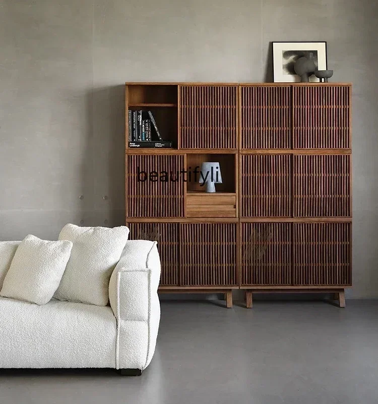 

zxqxzzS Mid-Ancient Solid Wood Bookcase Wall Storage Organizer Log Grille Door Bookcase Storage Cabinet