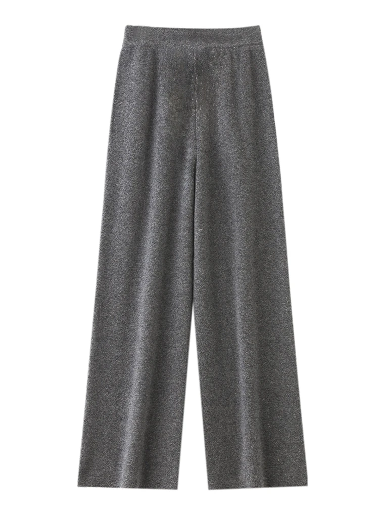 

Chic Women's Elastic Waist Wide Leg Pants Autumn Winter 100% Merino Wool Knitwear Female Grace Soft Straight Casual Loose Pants
