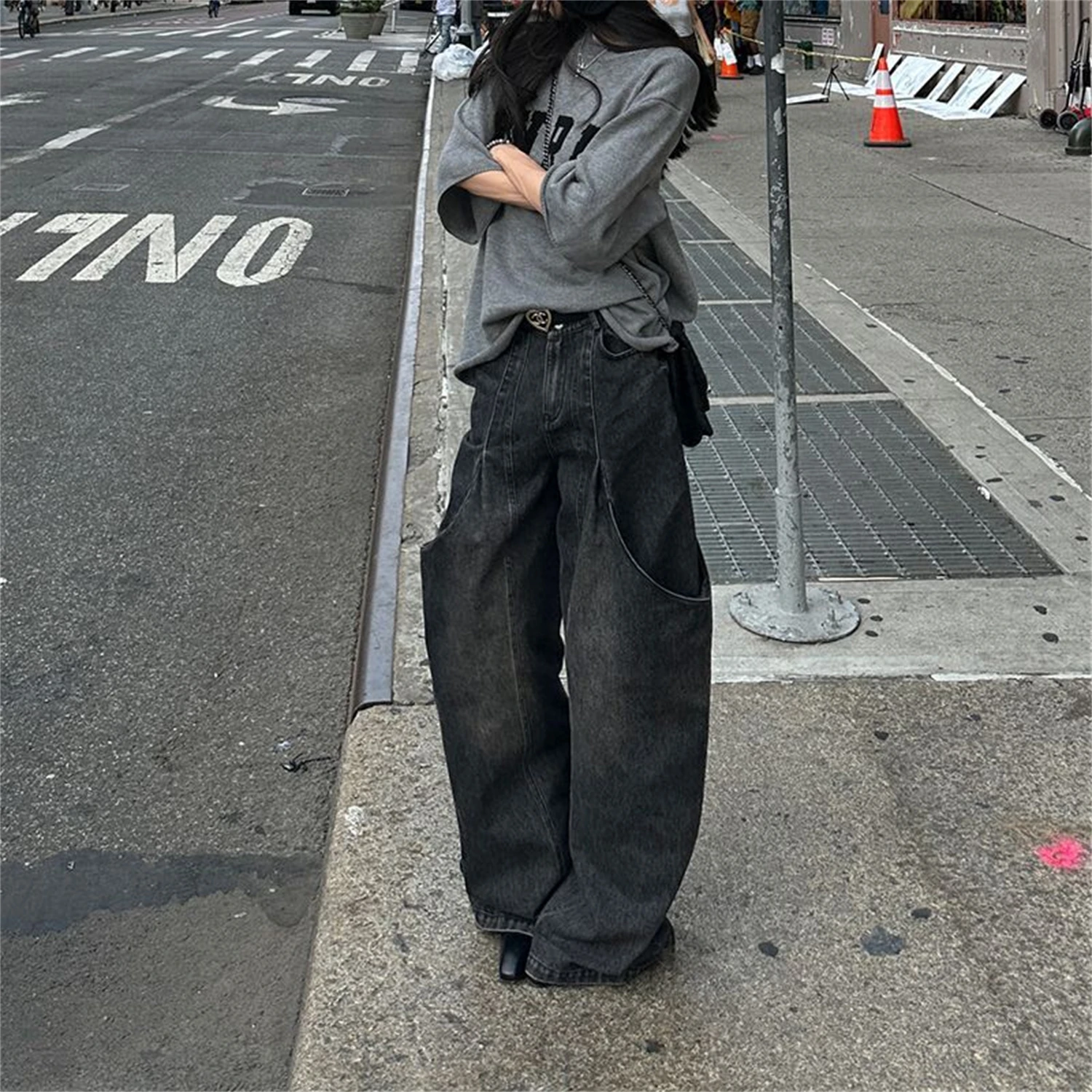 

Women's High Waist Wide Leg Black Jeans Vintage Washed Big Pocket Design Y2K Streetwear Retro Denim Trousers