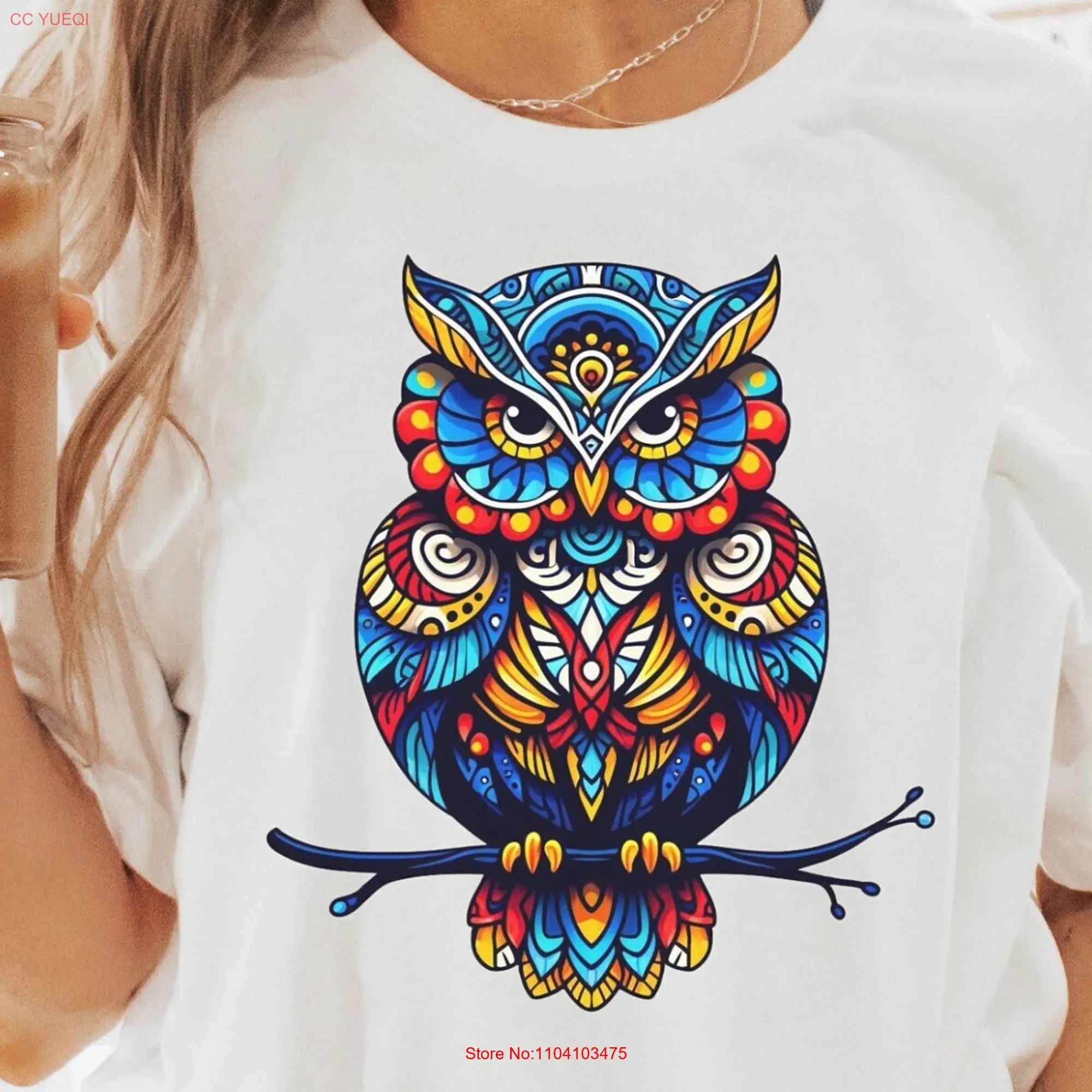 Colorful Owl T Shirt Boho Design Vibrant for Bird Lovers Women's Artistic Unique Animal ArT long or short sleeves