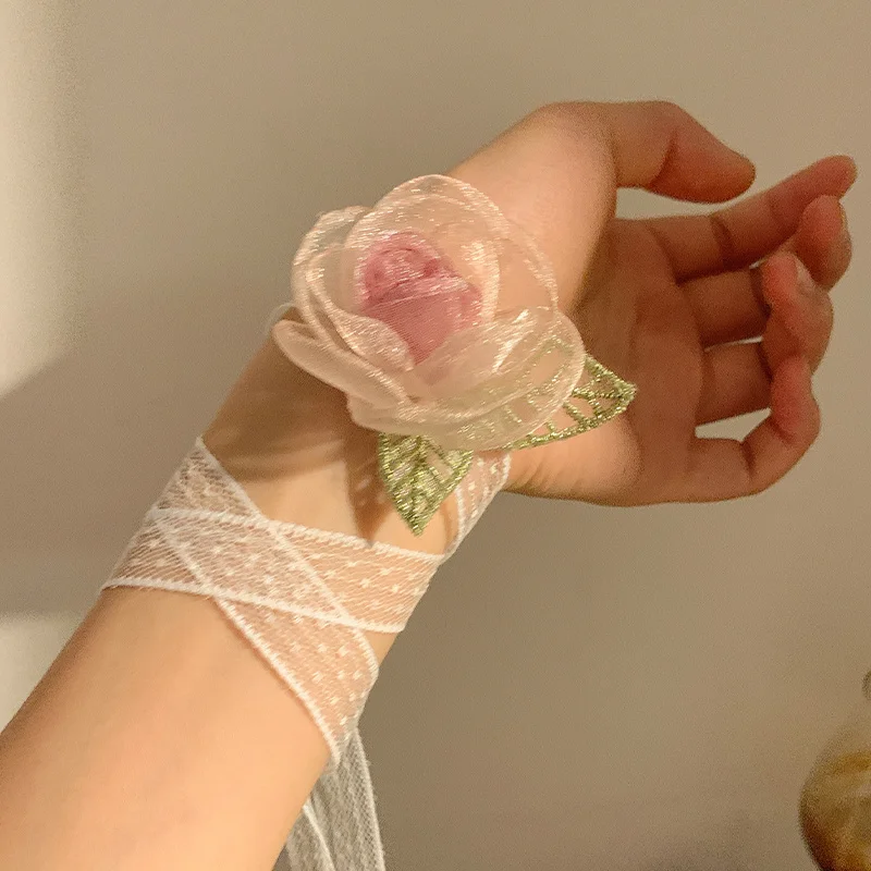 Ornamento per ragazze Super Mesh graduale Dry Rose Ribbon Choker francese Ribbon Flower Fairy Wrist Flower Neckchain collana accessorio