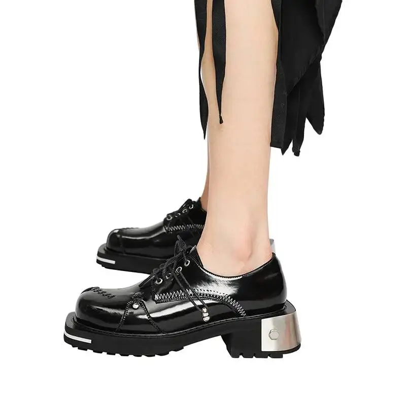 Retro Women Men Metal Genuine Leather Women Sneaker Luxury Trainers Casual Lace-up Zip Flat Couple Black Shoes view 6