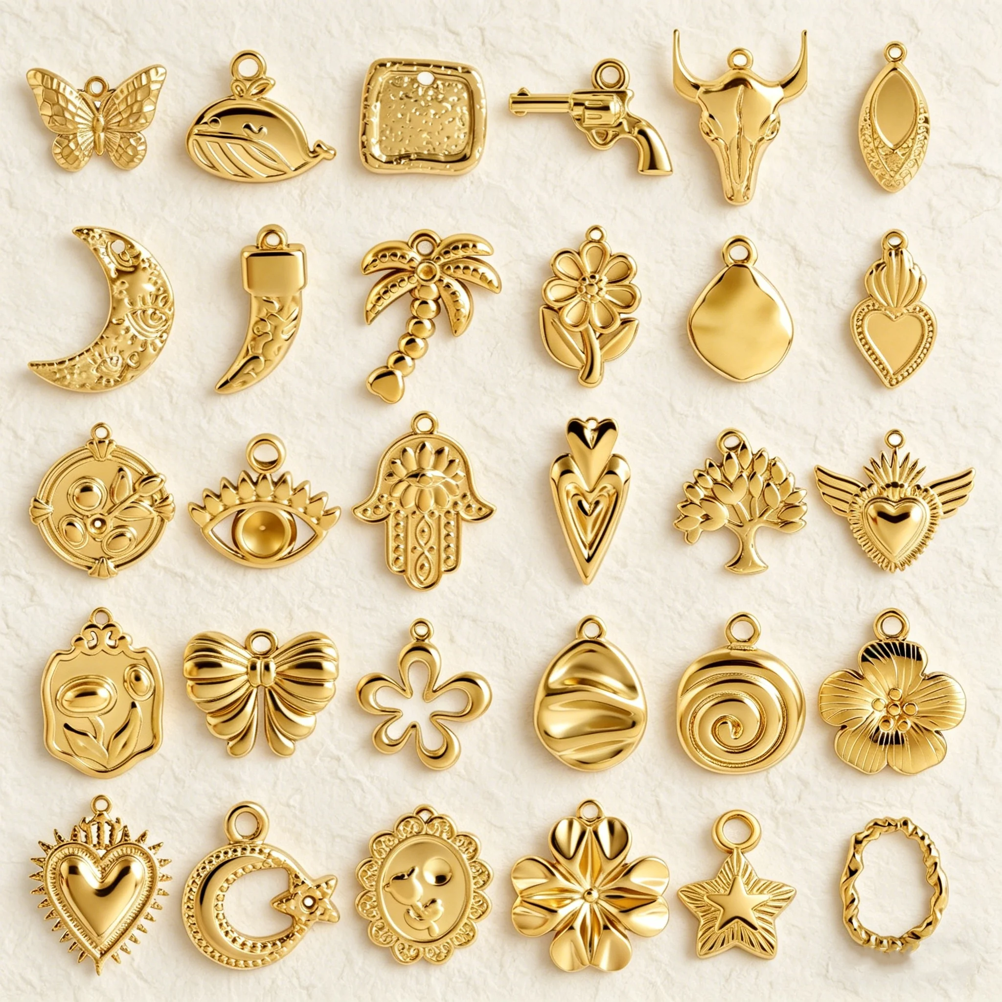 7pcs French Retro Gold Pendant Fatima's Hand Tree Of Life Evil Eye Pistol Stainless Steel Pendant Vortex Tusks DIY Accessories