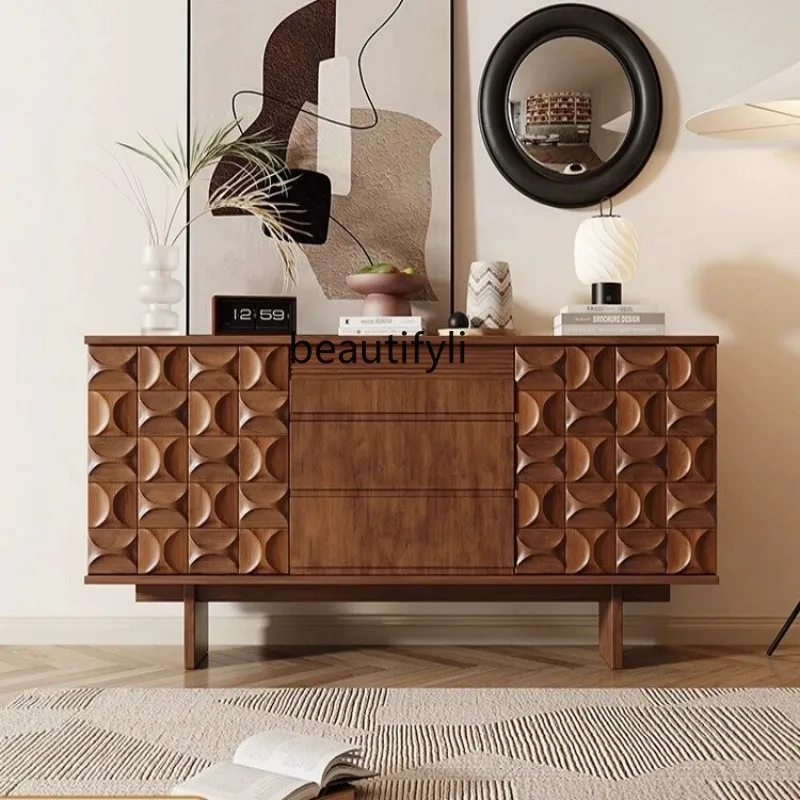 

Vintage Style Solid Wood Sideboard Cabinet Living Room Wall Storage Cabinet Nordic Retro Walnut Color Designer Entryway Cabinet
