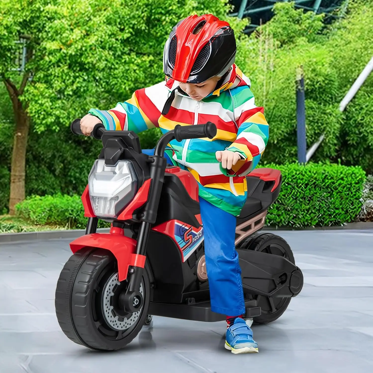 Ride On Motorcycle, 3-wiel peutermotorfiets met LED-licht, muziek, voetpedaal, vooruit/achteruit, uitbreidbaar achterwiel, 6V Ba