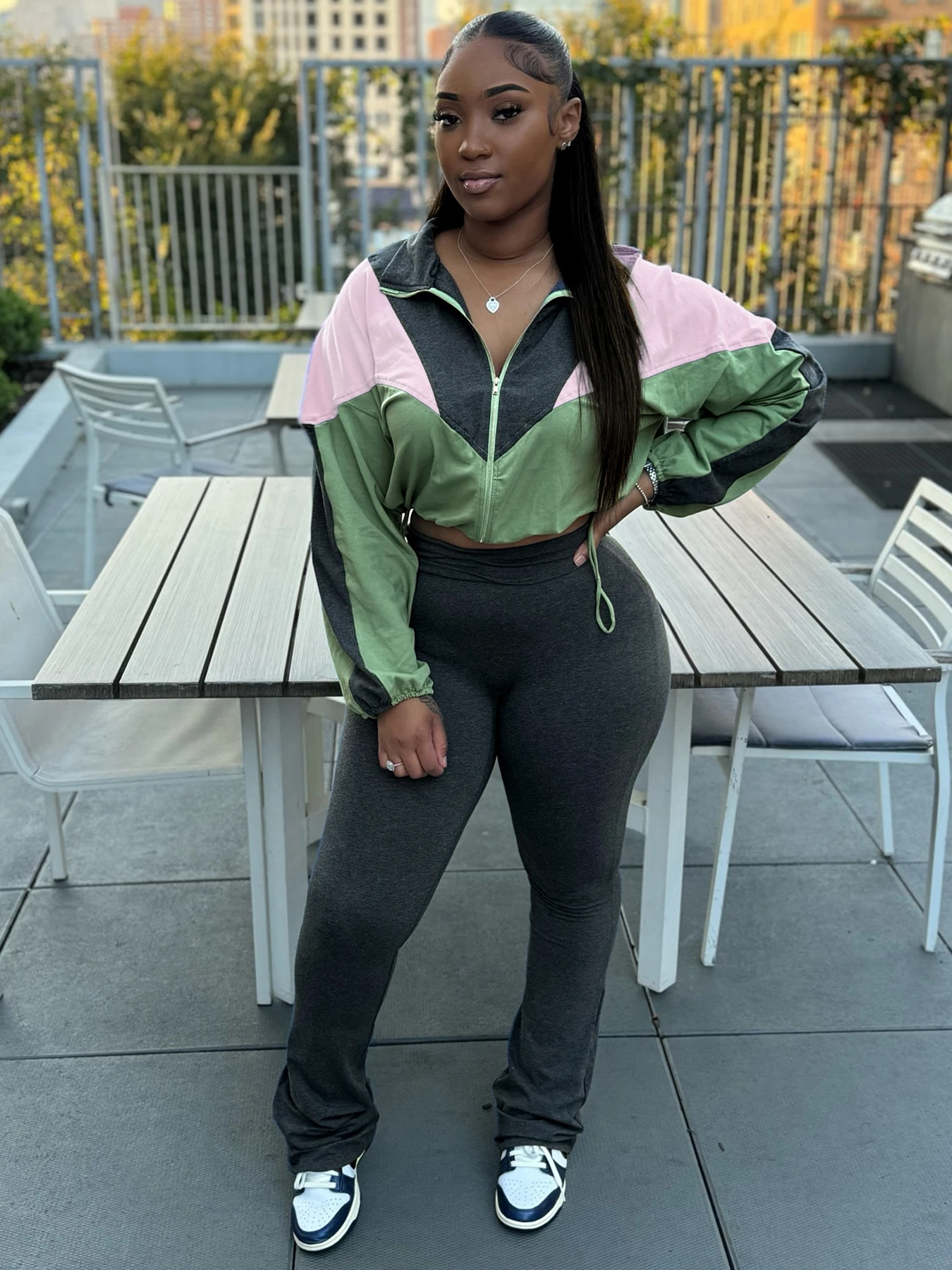 

Casual 2 Piece Set Women Tracksuit Sporty Patchwork Zip Crop Jacket+High-Waist Leggings Matching Street Activity Suit