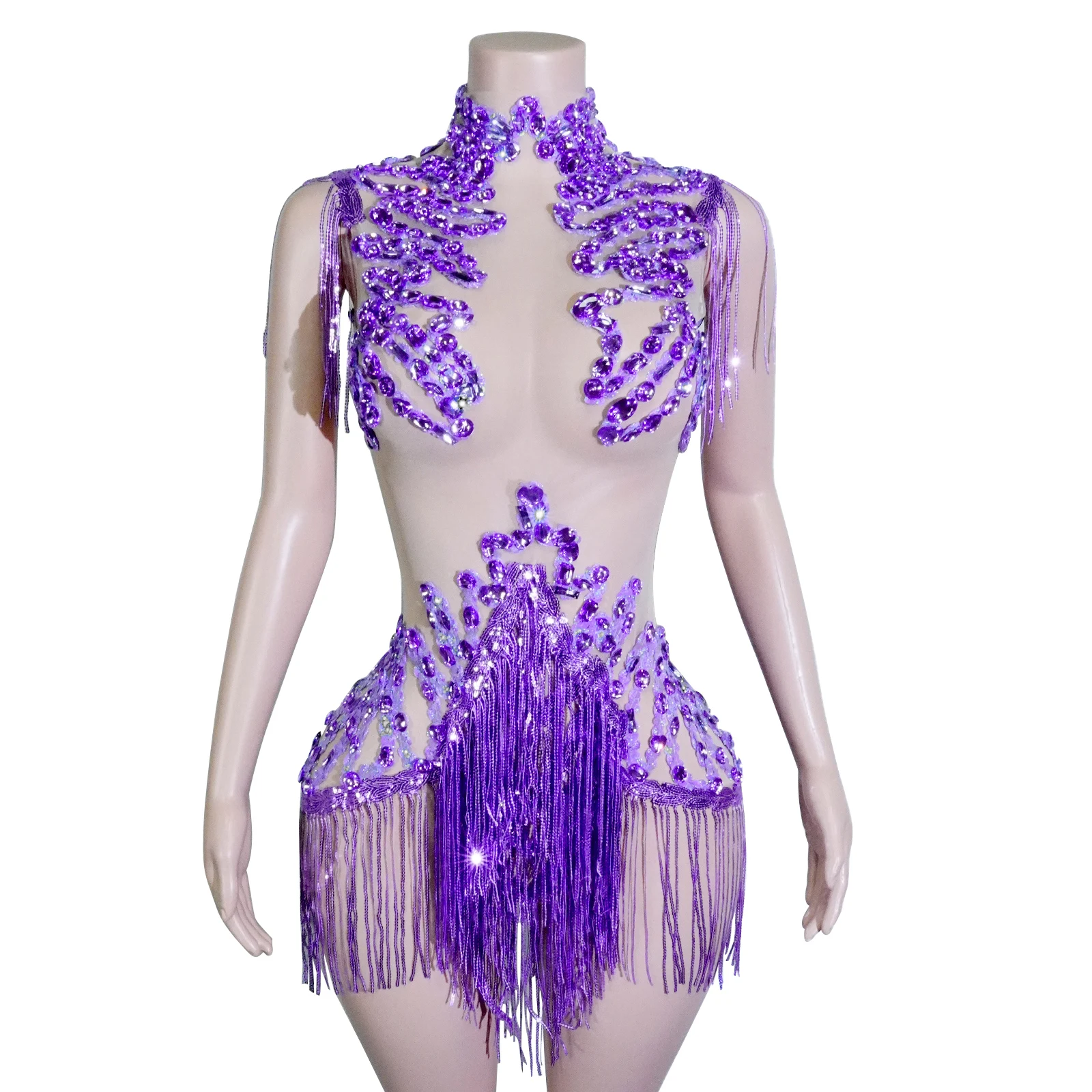 Zwarte pailletten franjes turnpakje mesh doorzichtige party bodysuit dames glittersteentjes nachtclub prom gogo dans podiumoutfits