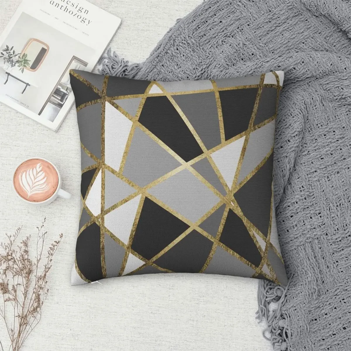 

Black & Gray Modern Geo Gold Triangles Pillowcase Polyester Pillows Cover Cushion Comfort Throw Pillow Sofa Decorative Cushions