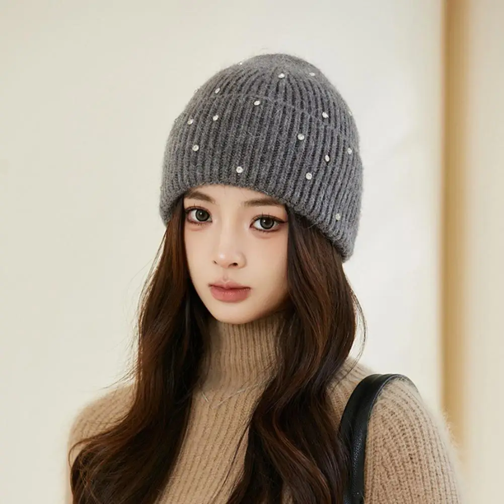 

Fall Winter Women Beanie Thickened Knitted Rhinestone Decor Soft Warm Elastic No Brim Anti-slip Windproof Lady Dome Cap