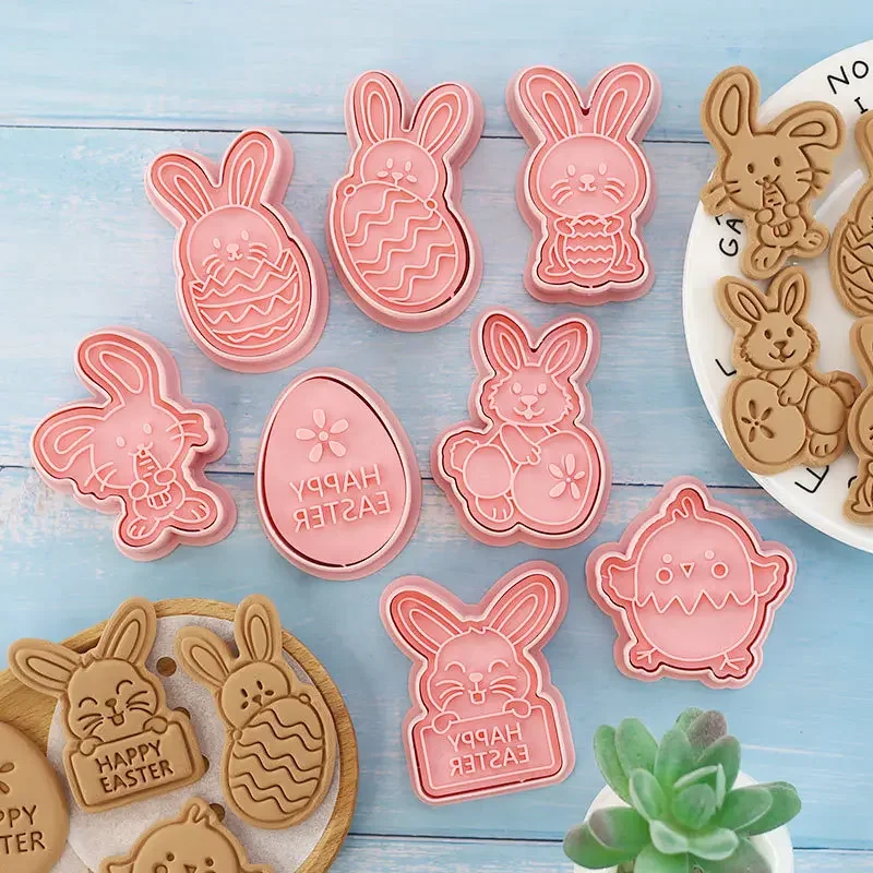 New 8Pcs/set Easter Plastic Cookie Cutter Rabbit Egg Biscuit Cutter 3D Cartoon Dinosaur Bear Molds Baking Tools Party DIY Decora