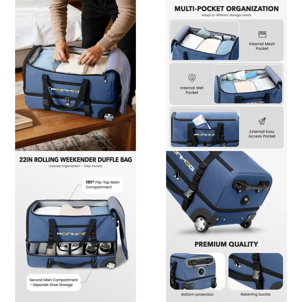 22 Inch Rolling Duffle Bag with Wheels for Men - Ideal for Weekend Travel and Overnight Trips, Blue